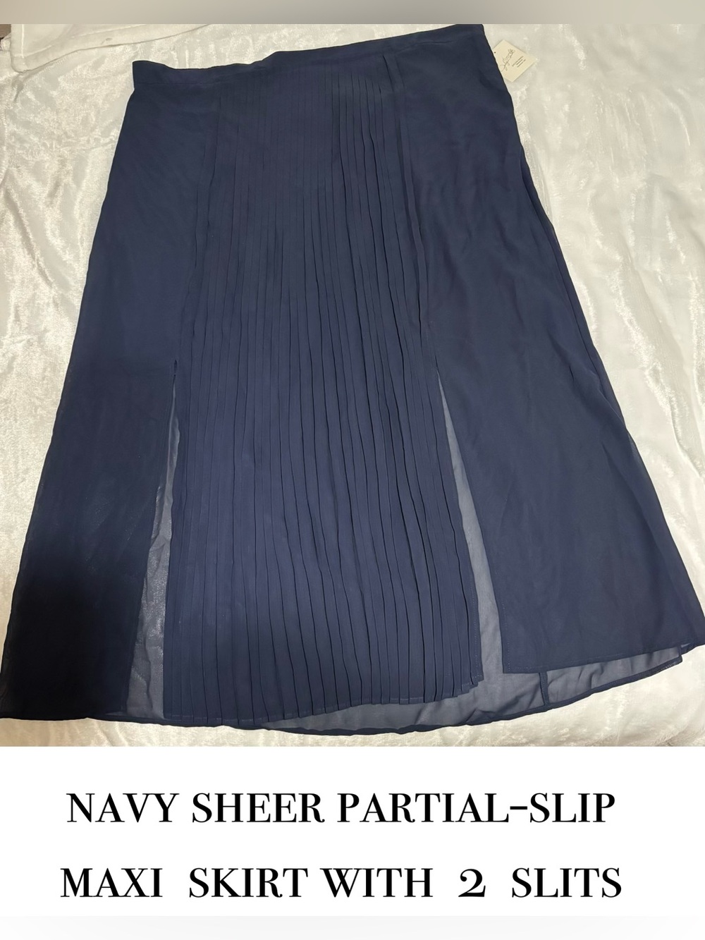 Maxi Skirt by JACLYN SMITH, navy pleated front panel with 2 front slits